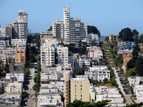 The Russian Hill neighborhood with crooked Lombard Street. 