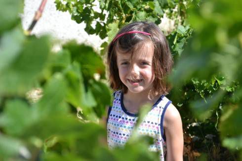 Playing in the vineyards while visiting a winery in the Languedoc region of France.